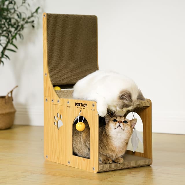 Detalle de Pawtasy Kratzbrett Katzen Kratzpappe 2-in-1 für Wand & Ecke inkl. Ballspielzeug
