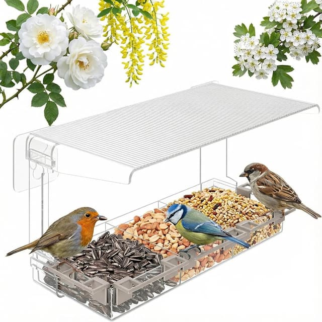 Detalle de Furkoazki Window Bird Feeder with Clear Acrylic Construction (Three Compartments, 5 Perches)