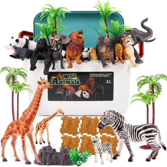 Detalle de TOEY PLAY 52PCS Animal Mother & Child Jungle Safari Figures Set with Soil Blocks & Carry Case