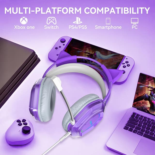 Detalle 2 de Wantak Katzenohr Gaming-Headset mit Mikrofon (kabelgebunden) – 3,5mm/USB, Noise Cancelling, 20–20.000 Hz – Pink