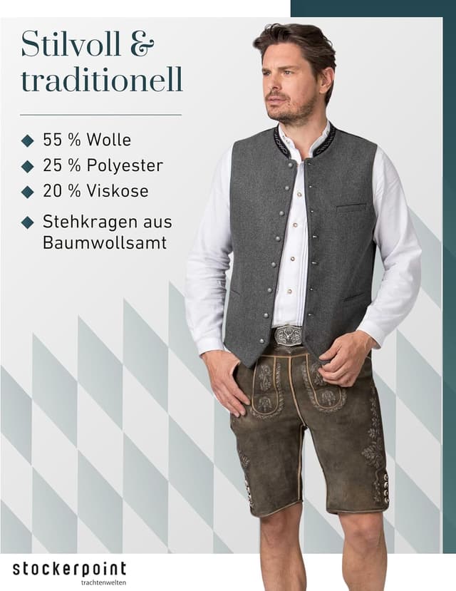 Detalle 2 de Stockerpoint Herren Trachtenweste Fabricio aus Lodenstoff – mit verstellbarem Rückenriegel (1er Pack)