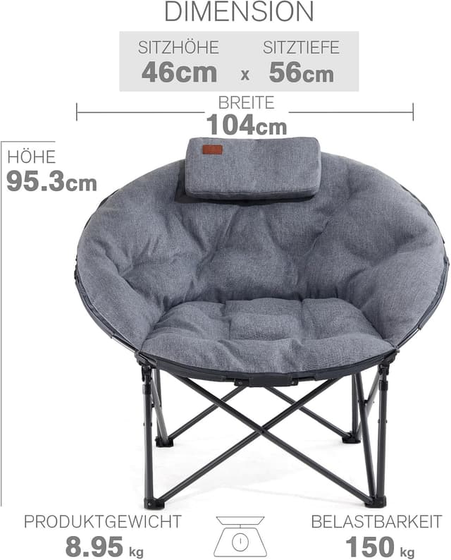 Detalle de EVER ADVANCED Luxus Moonchair XXL Campingstuhl faltbar, 150 kg belastbar, extra breit mit Kissen – Grau