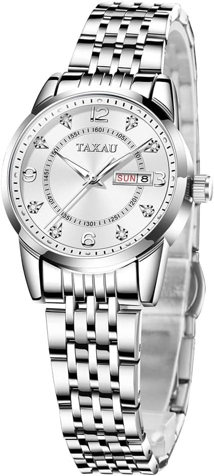 Detalle de Taxau Damenuhr Armbanduhren Silber – klassische Quarz-Uhr mit Edelstahlband, Kalender und 3ATM Spritzwasserschutz