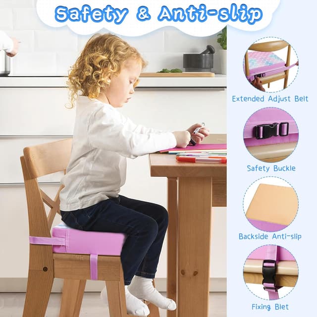 Detalle de Purple Toddler Booster Seat for Dining Chair with PU Cover, Non-Slip Base and Adjustable Seat Belts