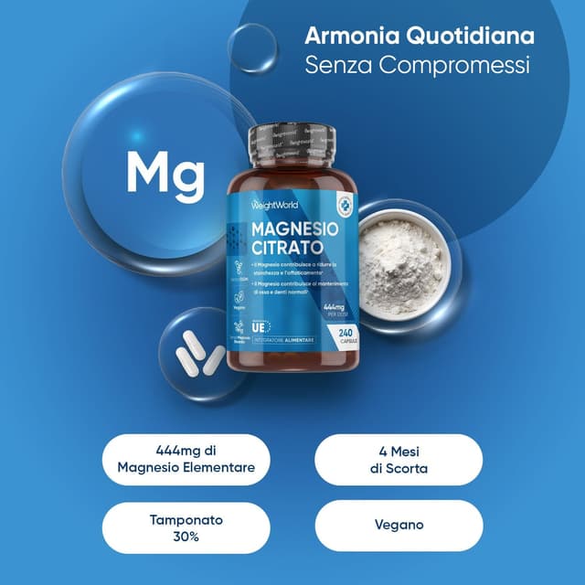 Detalle de WeightWorld Magnesio Citrato Tamponato 30% 444 mg: 240 capsule vegane (4 mesi)