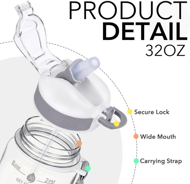 Detalle de Hyeta 32oz Motivational Water Bottle with Straw and Time Markings (Leak-proof)