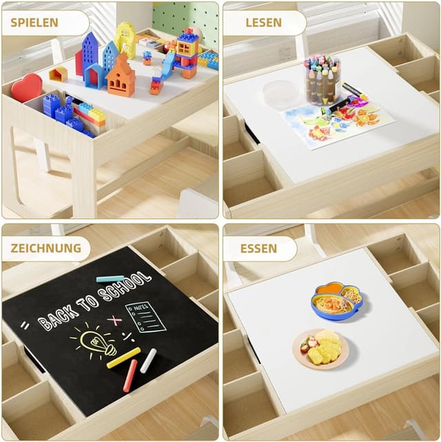 Detalle de Clevich Kindersitzgruppe mit Stauraum: Kindertisch mit 2 Stühlen und drehbarer Tischplatte (für ab 3 Jahren)