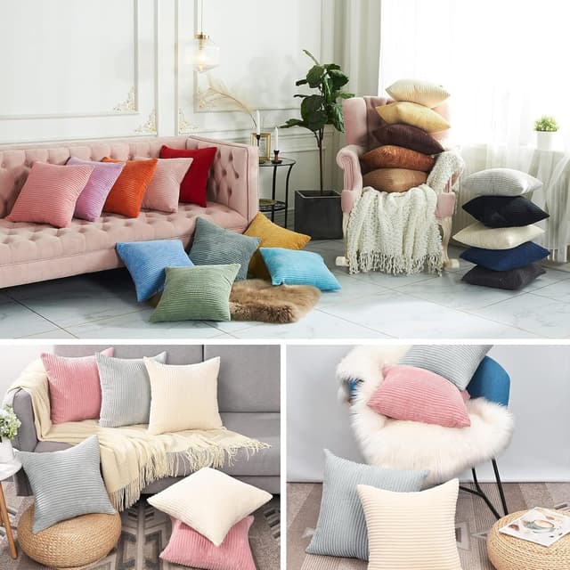 Thumbnail 6 de CALIYO Housse de coussin velours côtelé marron 30x50 cm, rayures et fermeture invisible