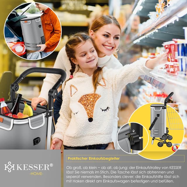 Detalle de KESSER® Einkaufstrolley Treppensteiger mit Kühlfach, klappbar (56 L, bis 50 kg) – 3in1 Trolley/Sackkarre/Umhängetasche in Grau