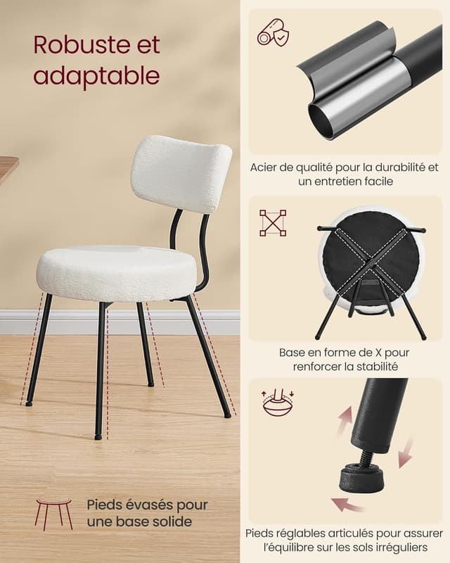 Detalle 2 de VASAGLE KDC110W14 : lot de 4 chaises de salle à manger rembourrées en tissu peluche