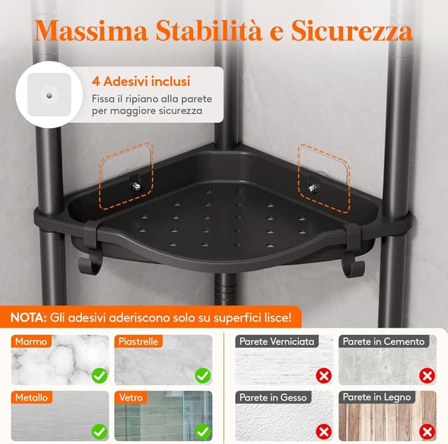 Detalle de lifewit Mensola Doccia a 3 Livelli senza Foratura per angolo bagno, 34 cm, nero