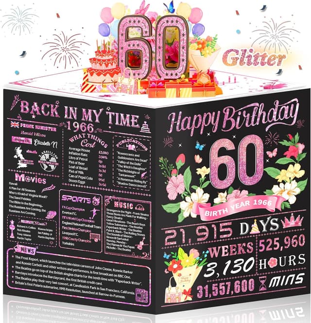 Detalle de Awrmoo 60th Birthday Cards for Women – 3D Pop Up 60th Card with Rose Gold 1966 Gilded Cover