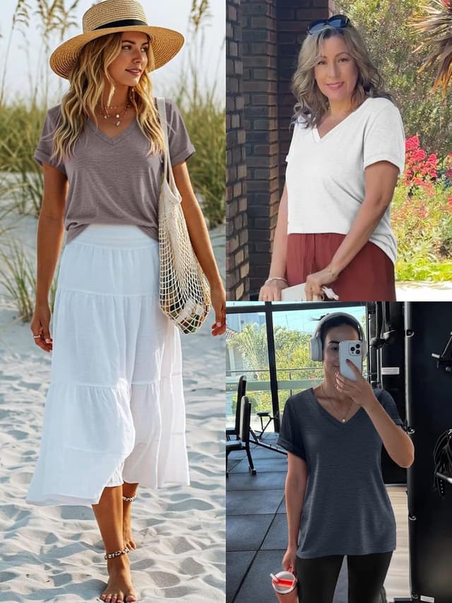 Detalle de ATHMILE Women’s Short Sleeve V-Neck T-Shirts (Lightweight Casual Tees)