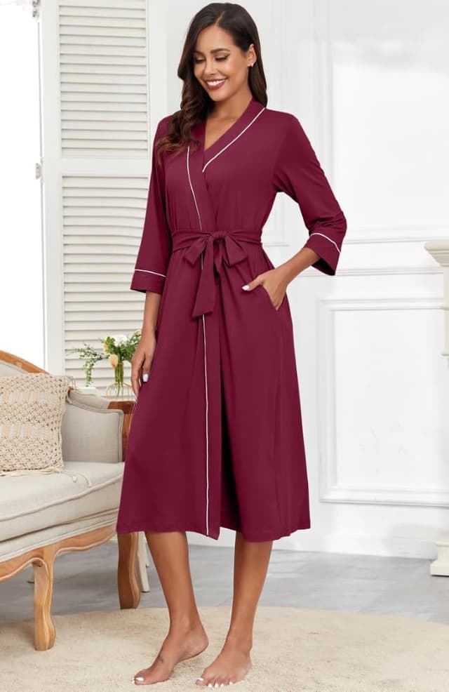 Detalle 2 de PrinStory Damen Bademantel mit 3/4-Ärmeln – leichter Kimono-Roben für Sauna, Lounge & Zuhause