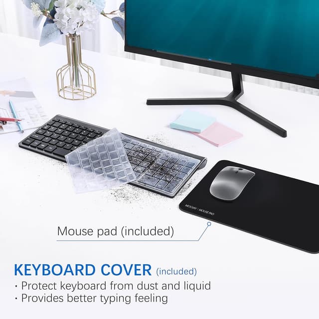 Detalle de MOOJAY 2.4G Wireless Keyboard and Mouse Combo (Ultra Slim) with Mouse Mat, Quiet Scissor Keys — Gray Black