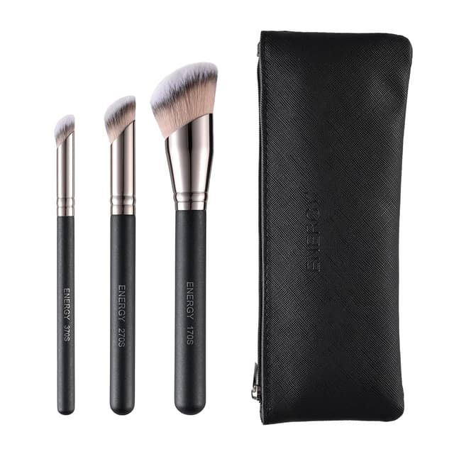 Detalle de Energy Beauty ENERGY 3-in-1 Make-up-Pinsel-Set (3-teilig) mit tragbarer Reisetasche – Foundation- & Concealer-Pinsel