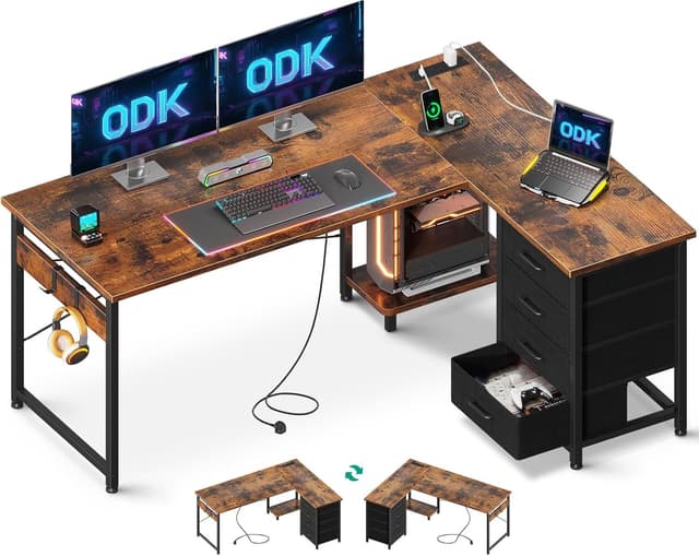 Detalle de ODK Corner Desk with Drawers – Reversible L Shaped Computer Desk with Power Outlet, USB Charging and Host Stand, 135×100cm (Vintage Brown)