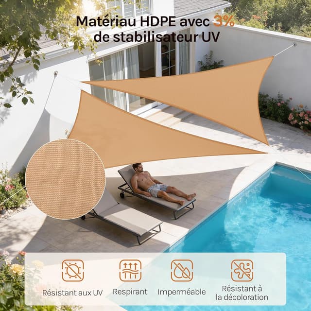 Detalle de WOLTU Voile d’ombre triangle 2,5 x 2,5 x 3,5 m en HDPE respirante (jusqu’à 85 % UV) – sable