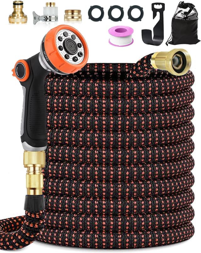 Detalle de 150FT Expandable Garden Hose with 10-Function Thumb-Control Spray Nozzle (Orange) – Leak-Proof & Kink-Free