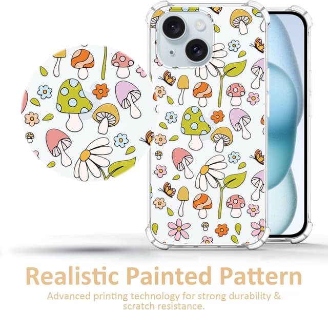 Detalle 2 de CAROKI Clear Phone Case for iPhone 15 with cute mushroom pattern (soft TPU slim protection)