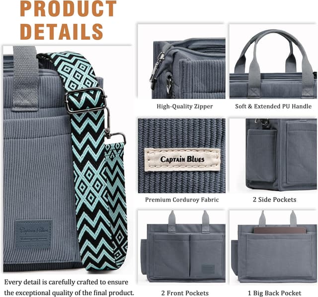 Detalle de Captain Blues Corduroy Tote Bag for Women with Zipper, Large Capacity Work & School Bag