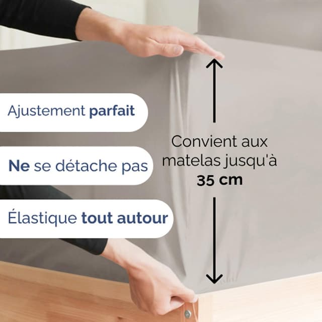 Detalle de Ensemble de draps 4 pièces gris clair : drap plat 225x255, drap-housse 135x190 et 2 taies 50x80