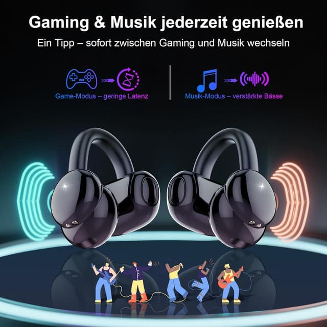 Detalle de Open Ear Bluetooth 5.4 Ohrclip-Kopfhörer mit DNN Geräuschunterdrückung, Gaming- & Musikmodus, IPX7