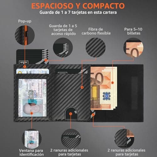 Detalle de TEEHON Carteras para Hombre con bloqueo RFID magnético y tarjetero de fibra de carbono (con monedero y ventana para ID)