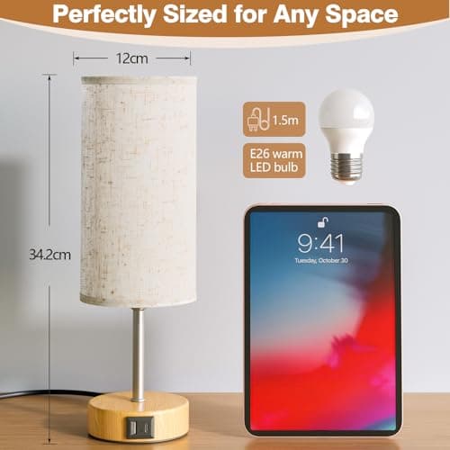 Thumbnail 5 de UPXNBOR Lámpara de Mesita de Noche Control Táctil con Puertos de Carga USB-A y USB-C, Regulable en 3 Niveles, Pantalla de Lino, Lámpara de Mesa Pequeña, con Cable de 1,5 m (Bombilla E27 Incluida)