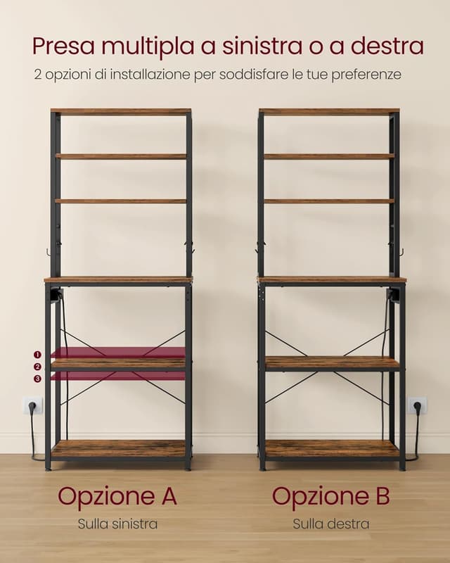 Detalle de VASAGLE KKS124K01 scaffale da cucina con ciabatta e supporto microonde, 6 ripiani e 6 ganci