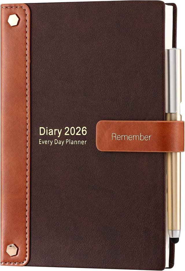 Detalle de Mljtoyo Diary 2026 A5, day-per-page planner (Jan–Dec 2026) with pen, stickers and 3 bookmarks