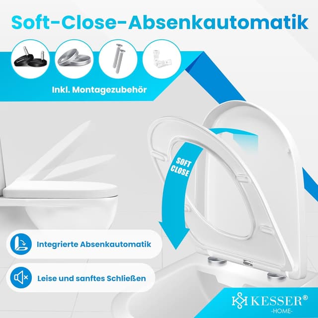 Detalle de KESSER® WC Sitz mit Absenkautomatik, Quick-Release & Softclose (D-Form) – Toilettendeckel aus Duroplast mit Edelstahl-Befestigung