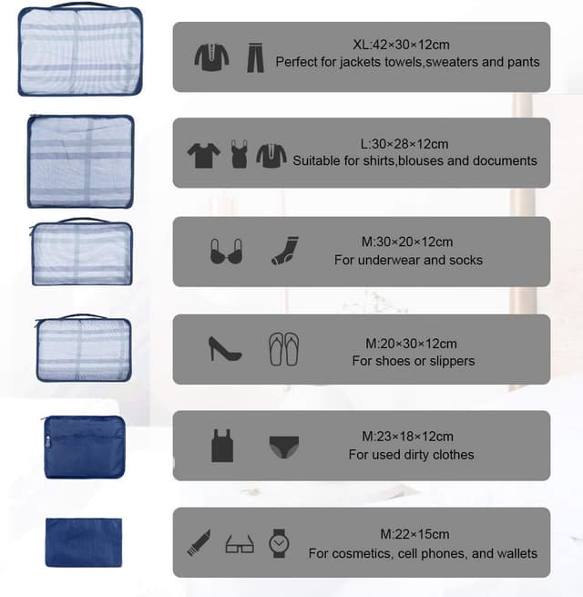 Detalle de Travel Packing Cubes Packing Cubes for Suitcase (10 Sizes) – 10-Piece Dark Blue Organiser Set