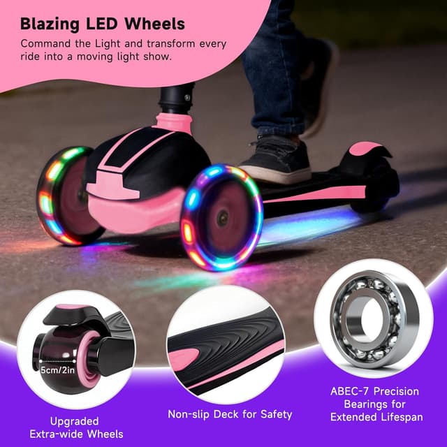 Detalle de Nattork Kids Scooter (Age 3–8) with Light-Up 3 Wheels, Foldable Design, Adjustable Height (26–32 in) and Lean-to-Steer