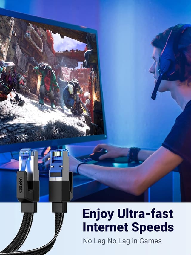 Detalle de UGREEN Ethernet Cable 1m Cat 8 Flat RJ45 (40Gbps, 2000MHz) for PC, PS5, Xbox, Router & Switch