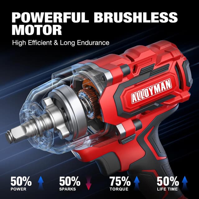 Detalle de Alloyman Cordless Impact Wrench 900Ft-lbs 1/2" brushless impact driver (20V) with 2x4.0Ah batteries