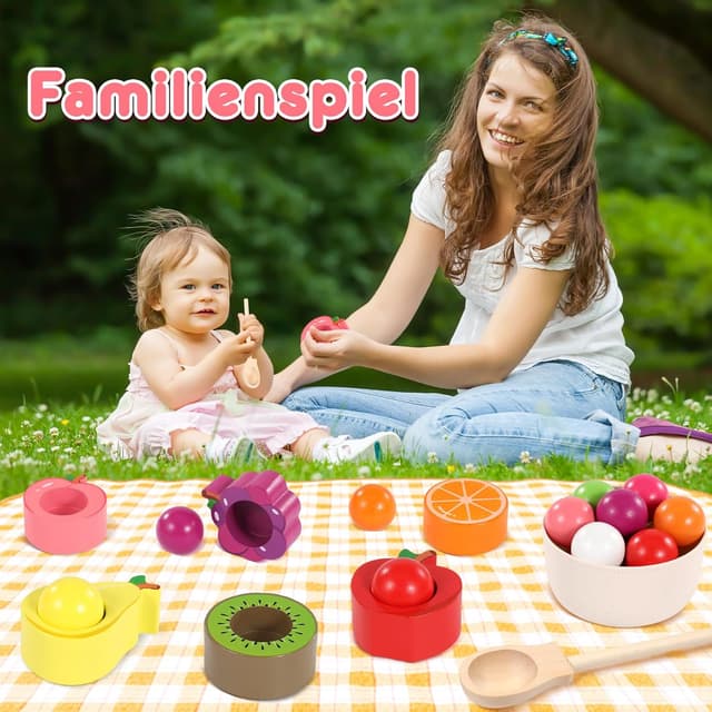 Detalle 2 de Montessori Obstsortierspielzeug aus Holz (ab 1, 2 und 3 Jahren) – Farbsortierung & Zählen