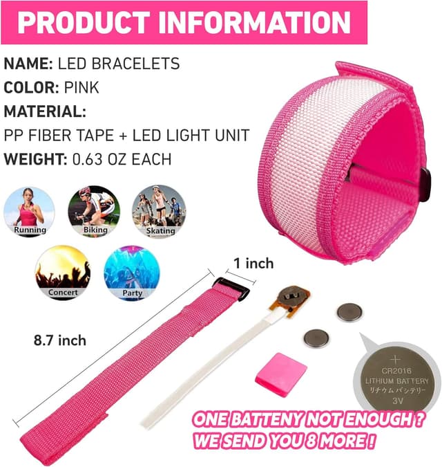 Detalle de KIRALUMI 8 Pack LED Glow Bracelets (Pink) – Light-Up Wristbands for Halloween, Concerts, Festivals & More