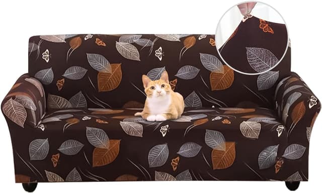 Detalle de Jaotto Copridivano Elasticizzato 4 Posti con braccioli, fantasia Foglie marrone antiscivolo e antimacchia