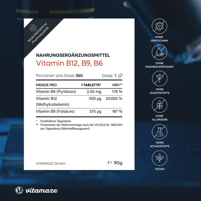 Detalle de Vitamin B12 500 mcg hochdosiert (mit B6 & B9) – 360 Tabletten als Nahrungsergänzung, Made in Germany