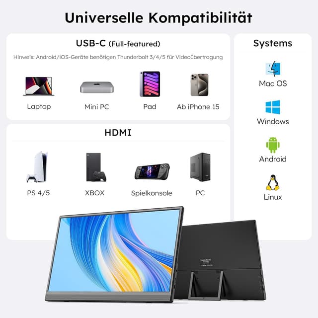Detalle de Omiodo Tragbarer Monitor 15,6" FHD 1080p IPS – ultradünn mit Ständer, Lautsprechern, VESA und USB-C/HDMI