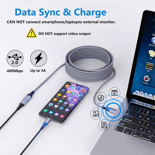 Detalle de ANMIEL USB-Verlängerungskabel USB 2.0 (Nylon geflochten) – 2x 2 m Typ A Stecker auf A Buchse, grau