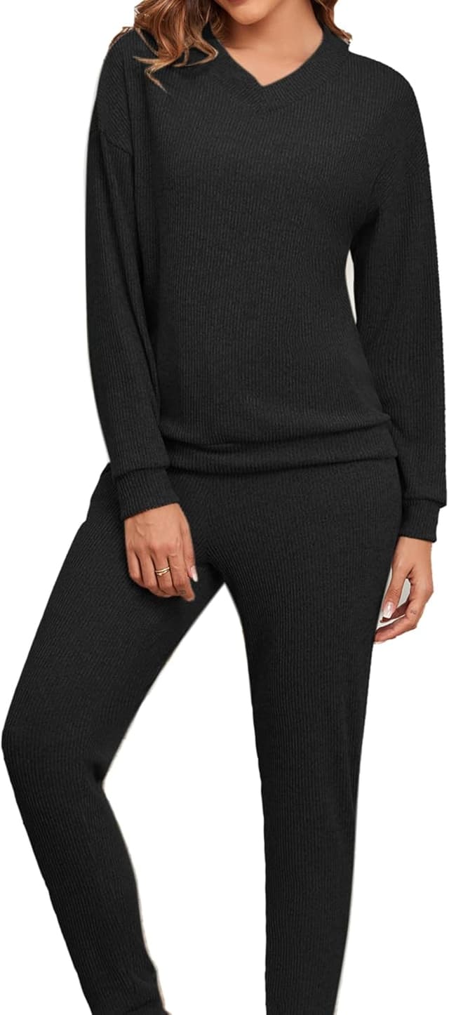 Detalle 2 de Famulily Women’s Loungewear Set: V-Neck Long Sleeve Top & Jogging Bottoms (2-Piece)