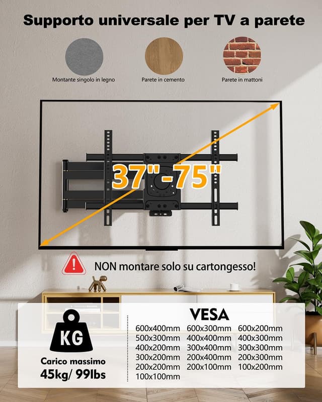 Detalle 2 de WHYFONE Supporto TV a parete con braccio extra lungo 1016 mm fino a 45 kg, girevole e inclinabile 37–75