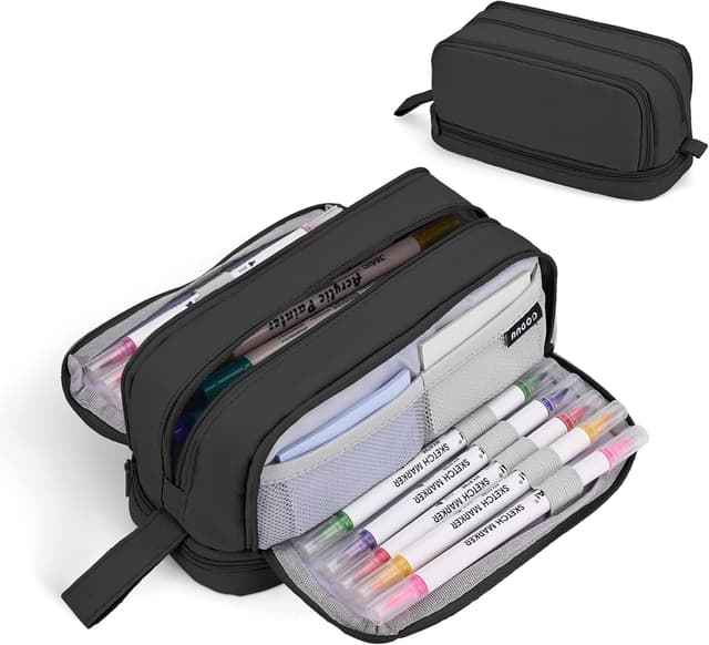 Detalle de Howala Large Capacity Pencil Case with 4 Compartments (Black canvas pouch)