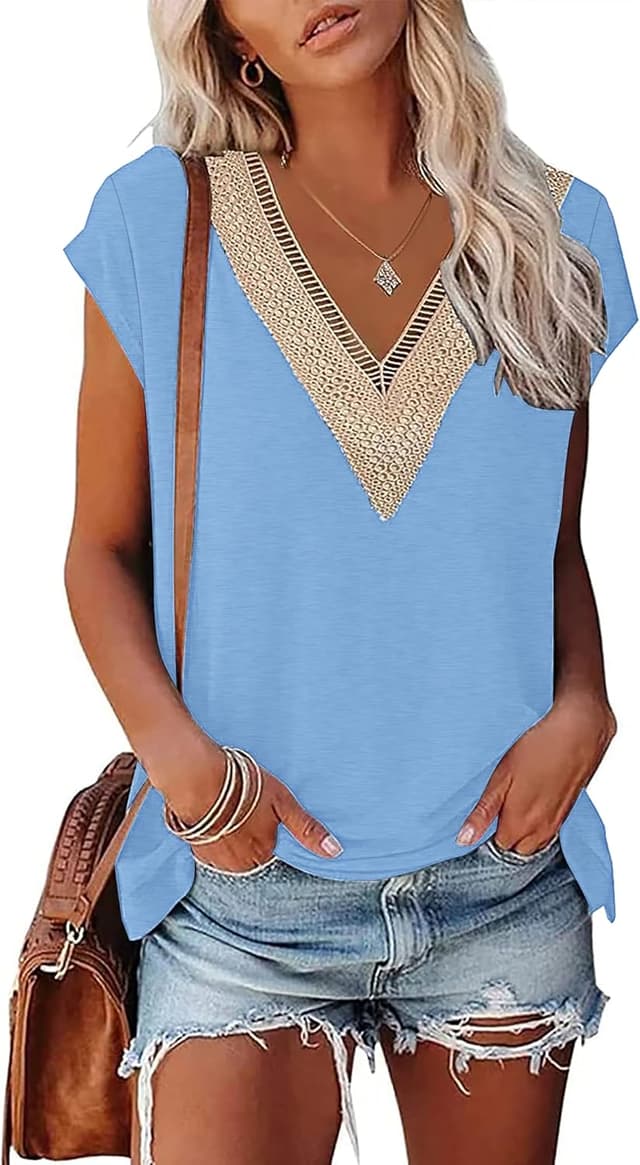 Detalle de PLOKNRD T-shirt d’été pour femme à manches courtes, col en V et dentelle