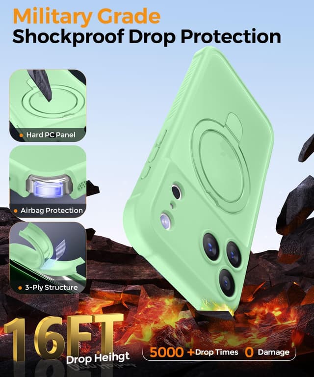 Detalle de MOCCA Design iPhone 17 Pro Case with MagSafe Invisible Magnetic Ring Stand — Military Drop Protection, Full Camera Guard, Translucent Matte Slim (Matcha Green)