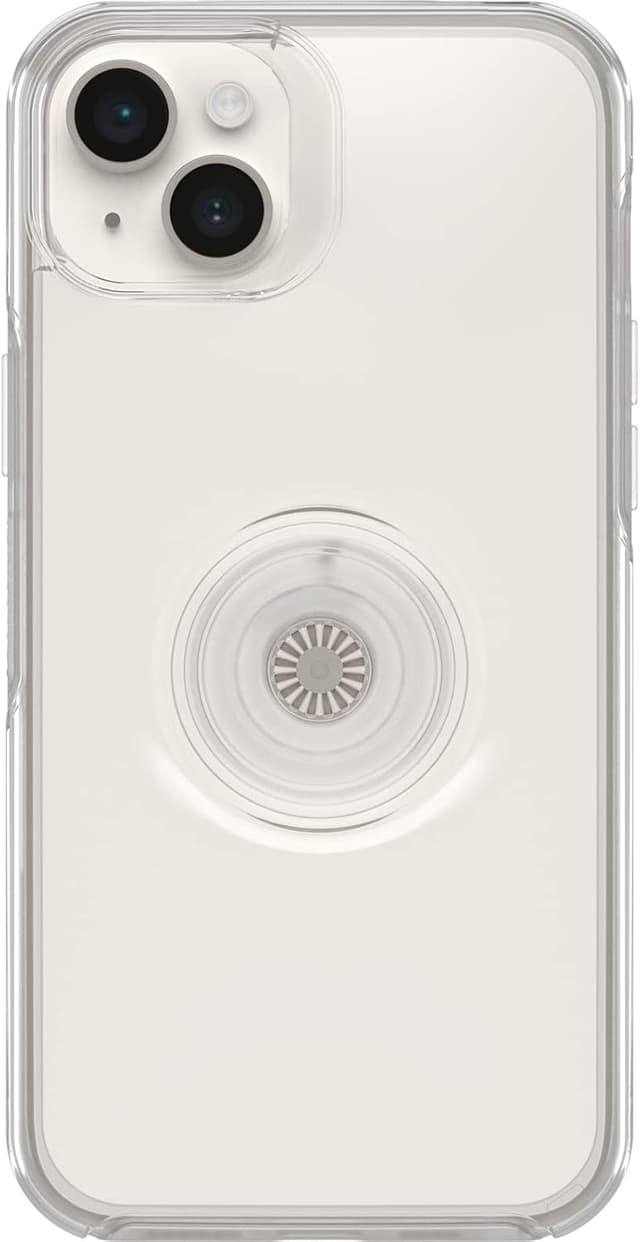 Detalle de OtterBox Otter+Pop Symmetry Clear per iPhone 14 Plus con PopGrip trasparente, testata MIL-STD 810G
