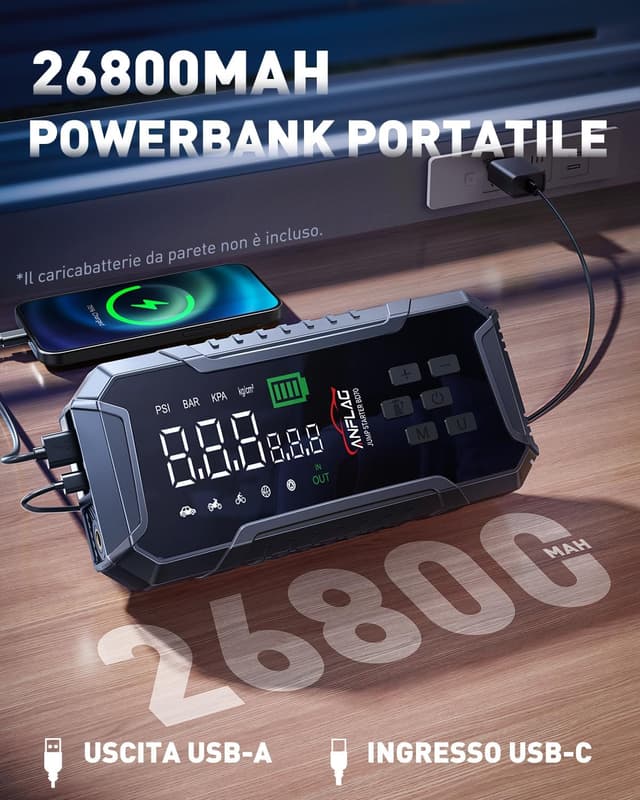 Detalle de ANFLAG Booster Avviamento Auto 8000A con Compressore 160 PSI, 26800 mAh e USB-C (600 lm)