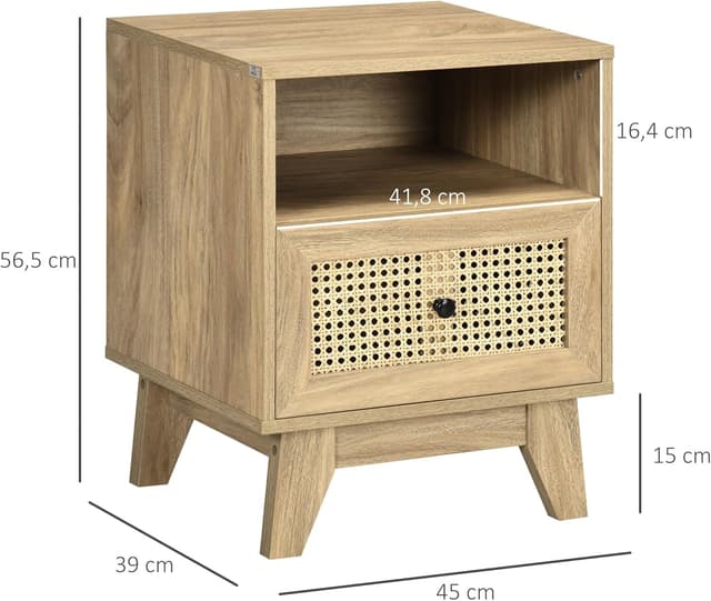Detalle de HOMCOM table de chevet avec porte en cannage, tiroir et niche 45 x 39 x 56,5 cm